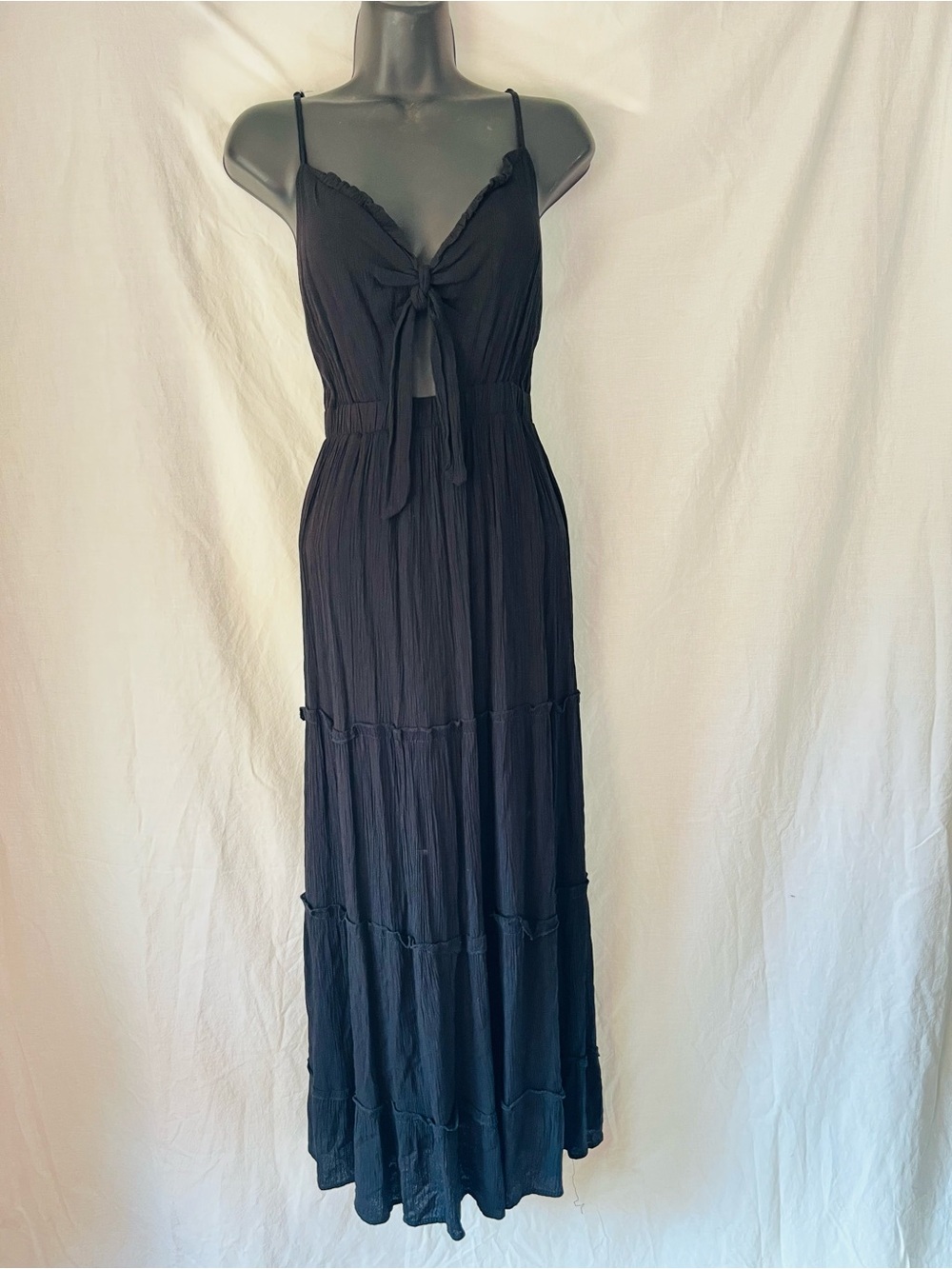 JUSTIFY Black Tiered Front Tie Maxi Dress Smocked Rayon JRS LARGE Cottagecore
